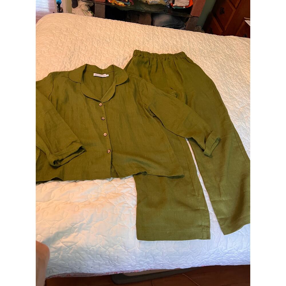 Linen 2-pc blouse pants relax fit loungewear forest green casual logenlook M - Picture 2 of 7